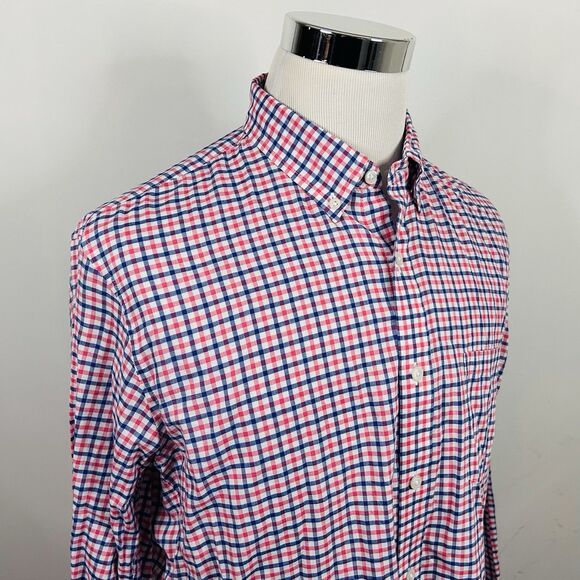 J Crew Large Slim Fit Summer Plaid Shirt Pink Blue Plaid Cotton Button Down - Picture 1 of 5